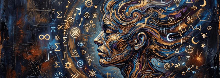 Abstract human head profile with swirling shapes and scientific symbols