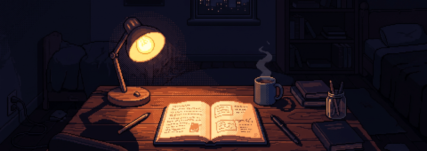 Desk with open book, lamp, steaming coffee cup, pens, and books at night