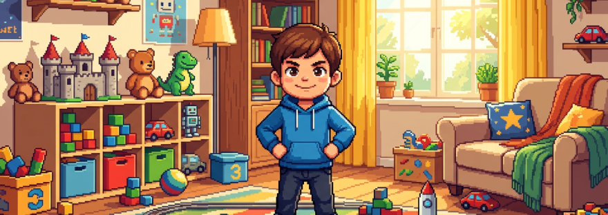 Young boy in blue hoodie standing in colorful playroom with toys and books