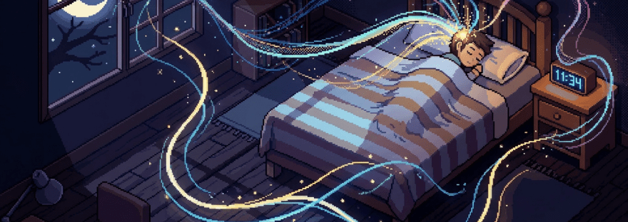 Dreamlike light trails from sleeping man's head