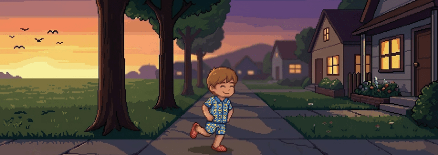 Child in striped pajamas holding a teddy bear walking on sidewalk at sunset