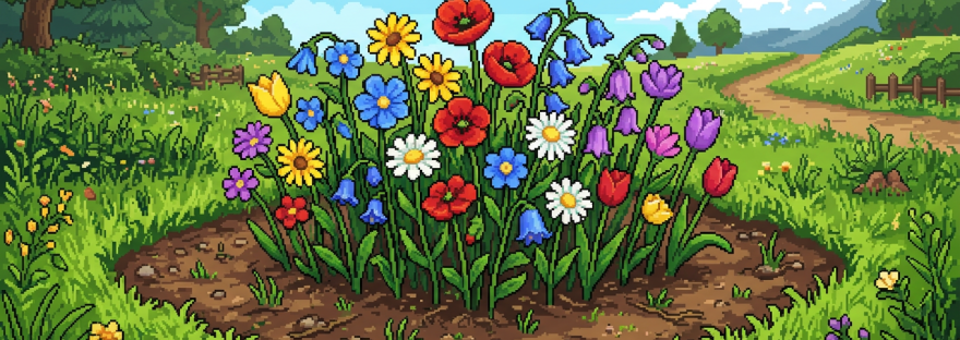 Pixel art garden patch with various colorful blooming flowers and green grassy surroundings