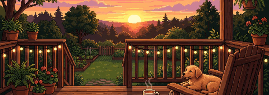 Pixel art patio at sunset with dog resting on a wooden chair and a steaming cup on table
