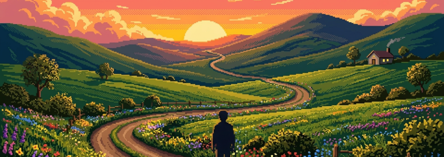 Pixel art landscape of a winding dirt path through grassy hills with colorful wildflowers at sunset