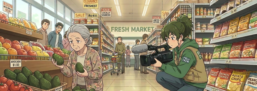 Raccoon holding a packaged snack in supermarket aisle while person with video camera kneels nearby