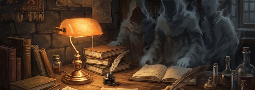 Ghostly hooded figures reading magical books by lamp light next to handwritten manuscripts and potion bottles