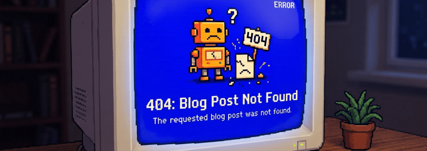 Old computer screen showing 404 Not Found error with sad robot and broken document