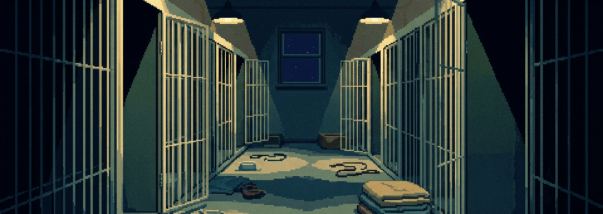 Pixel art animal shelter corridor with open kennels, bedding, bowls, and toys