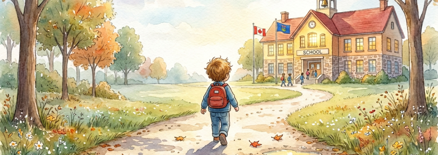 Child with backpack walking toward Oakwood School through an autumn landscape