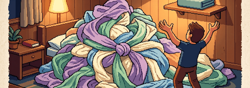 Child raising arms beside a heap of colorful blankets