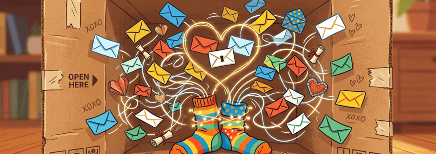 Open here cardboard box filled with colorful envelopes and striped socks
