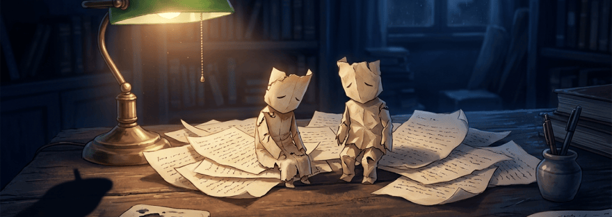 Two paper figures sitting among handwritten pages on a desk