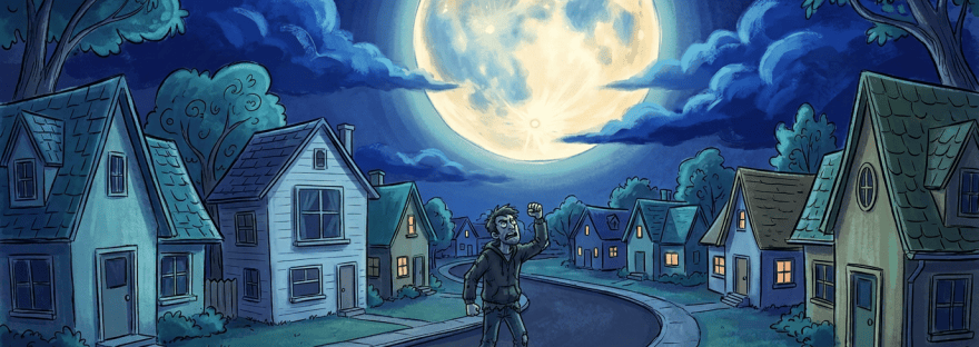 Moonlit neighborhood with houses, scattered papers, and a large glowing full moon