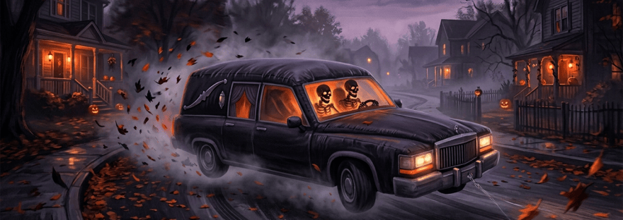 Decorated hearse marked Halloween Haunt driving past haunted houses